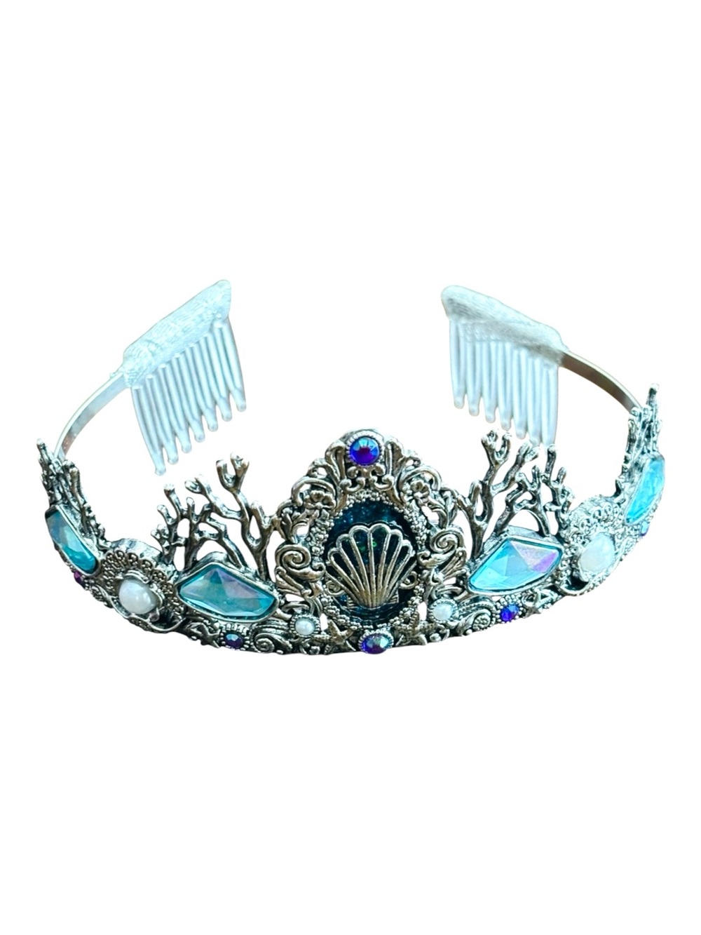 Disney Store Ariel Little Mermaid Metal Tiara Headband Silver Blue Shell Coral